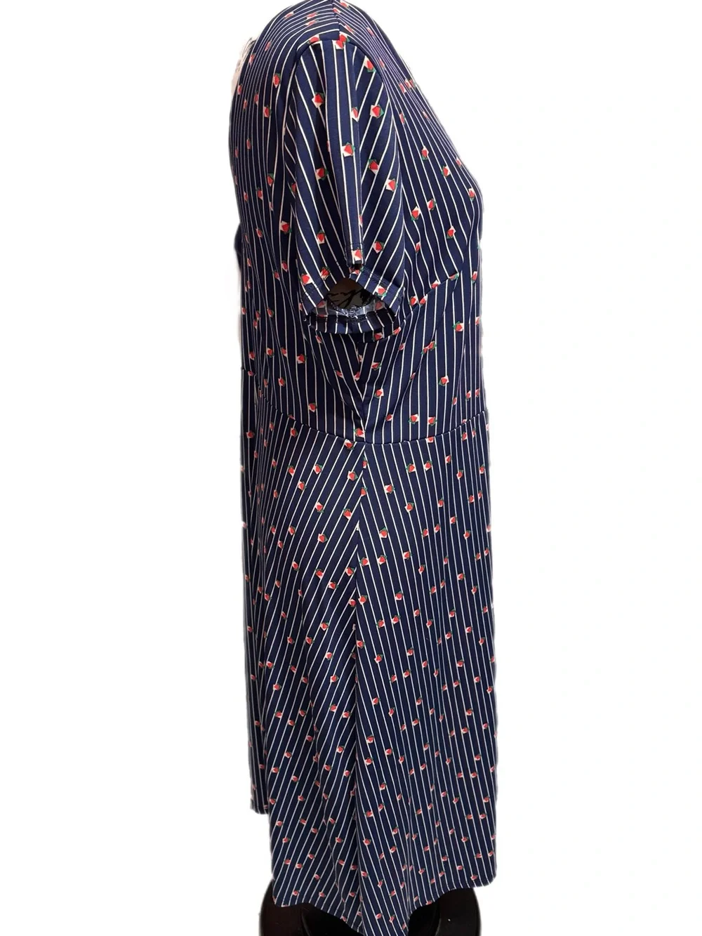 ModCloth Navy Blue Pinstripe Midi Dress with Red Strawberry Print